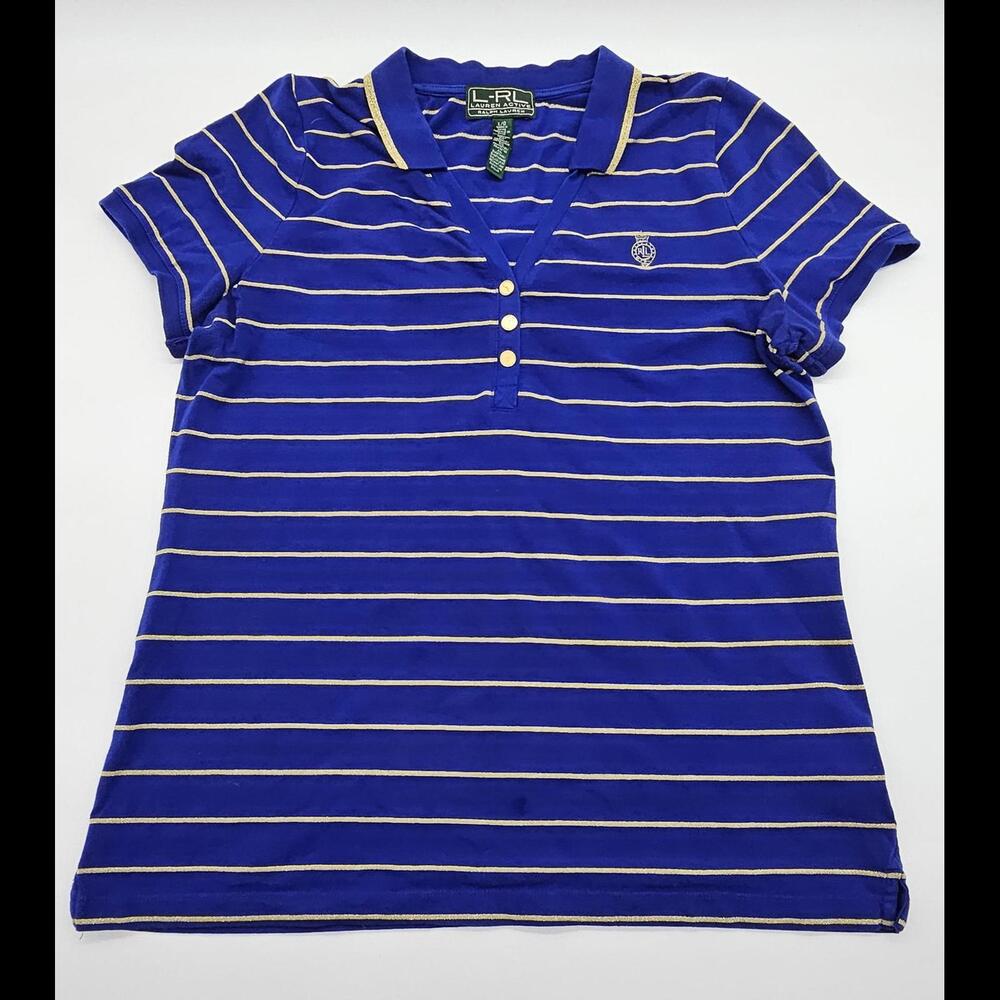 Ralph Lauren Women's Gold Stripped Short Sleeve Polo Shirt Women's Large